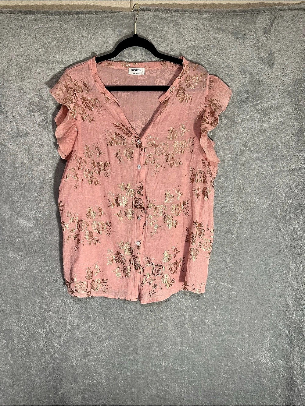 Kindred Floral Ruffle Sleeve Blouse Pink & Gold 1x